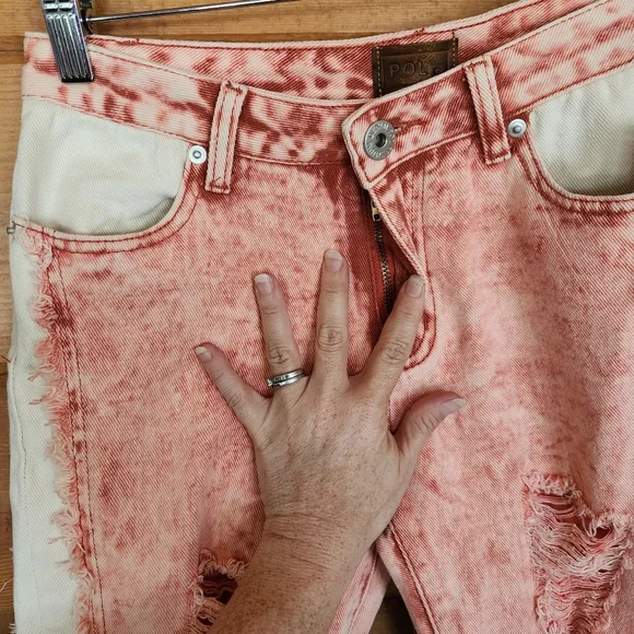 POL 💜 NWT Acid Wash Red White Straight Crop Distressed Jeans Grunge Boho S X24" - Picture 7 of 13